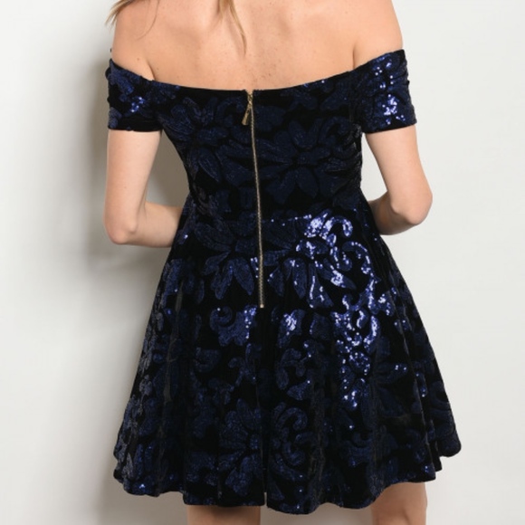 NAVY & BLACK SEQUIN SWEETHEART OFF SHOULDER DRESS - Picture 3 of 4